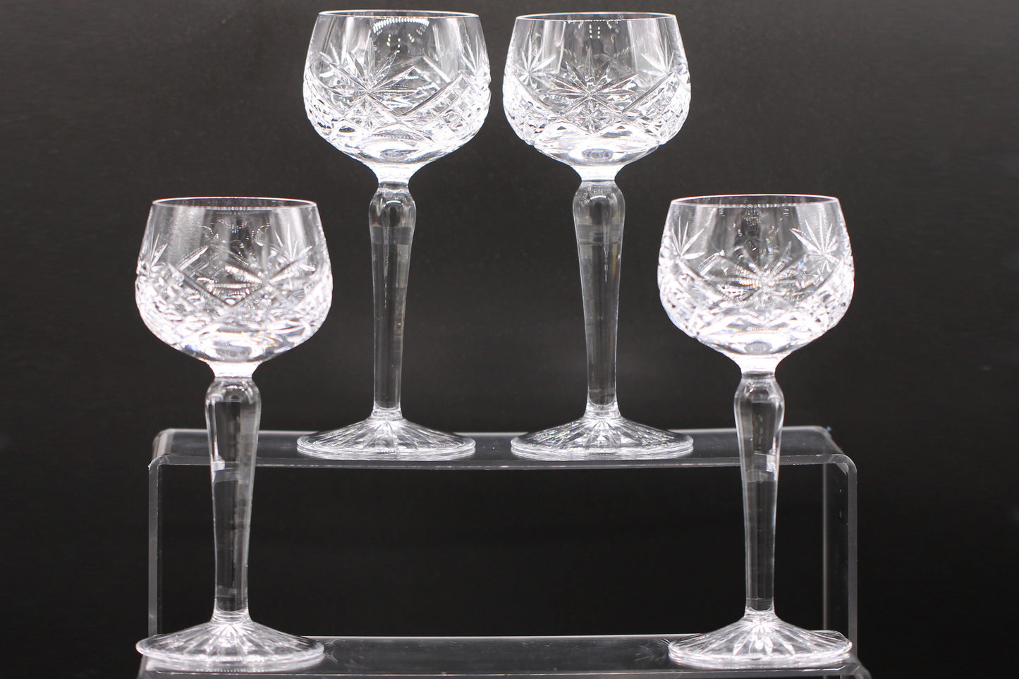 Set of Four Vintage Clear Crystal Long Stemmed Wine / Hock Glasses c1960