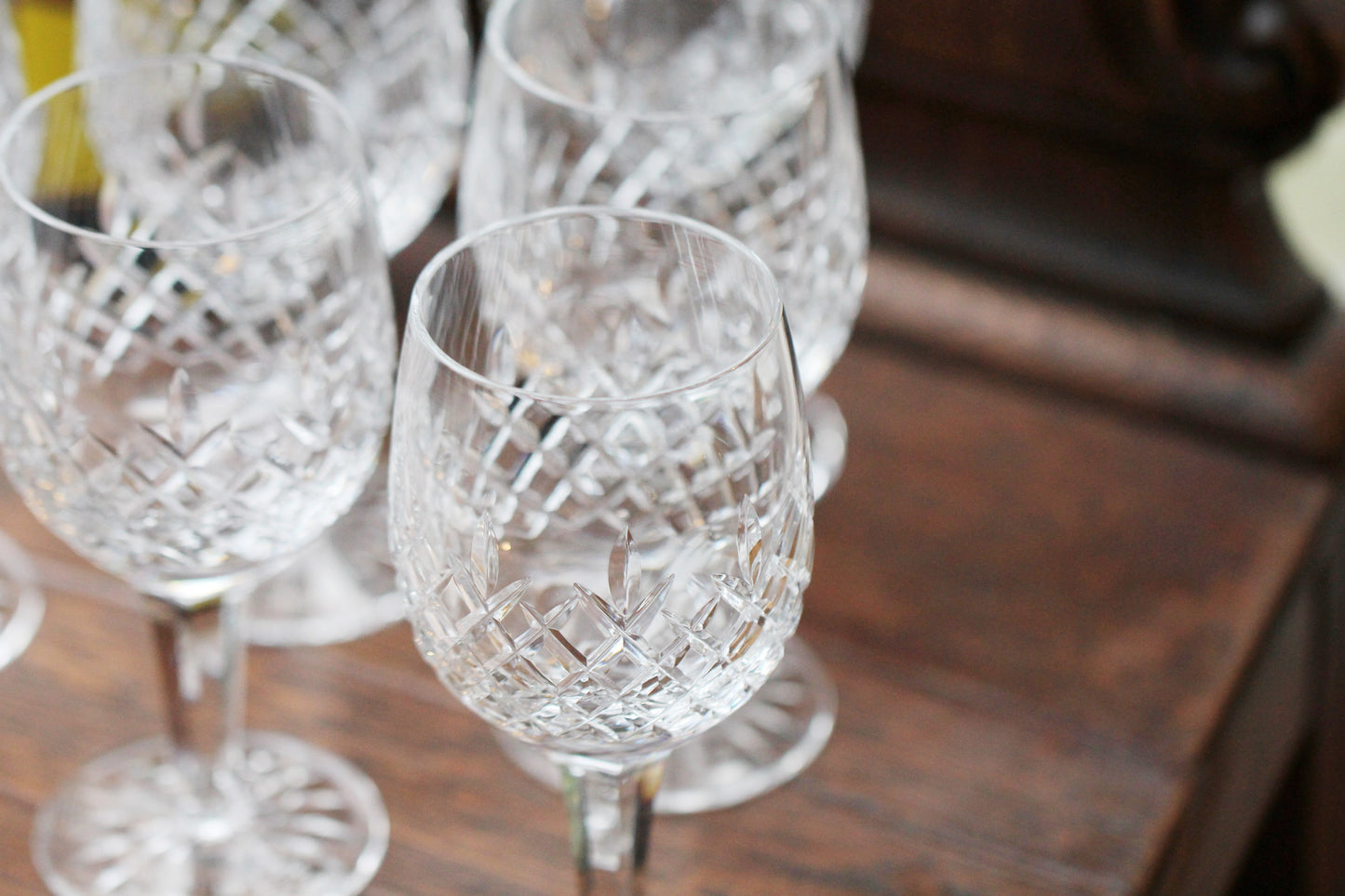 SIX Vintage Cut Crystal Wine Glasses / Water Goblet with Cut Foot and faceted Stem