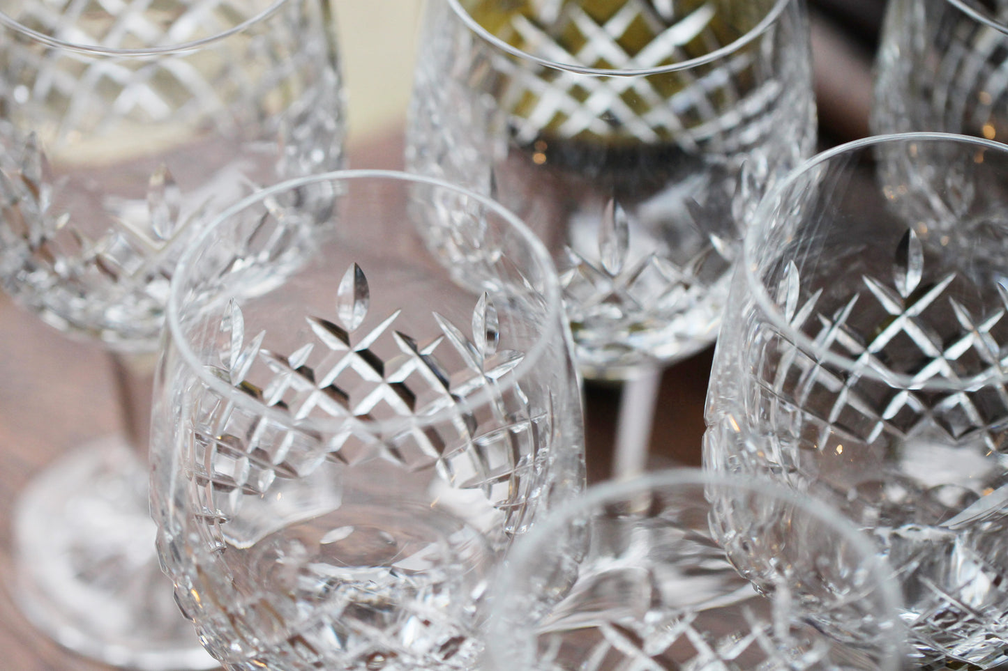 SIX Vintage Cut Crystal Wine Glasses / Water Goblet with Cut Foot and faceted Stem