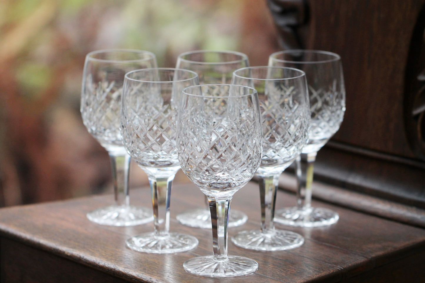 SIX Vintage Cut Crystal Wine Glasses / Water Goblet with Cut Foot and faceted Stem