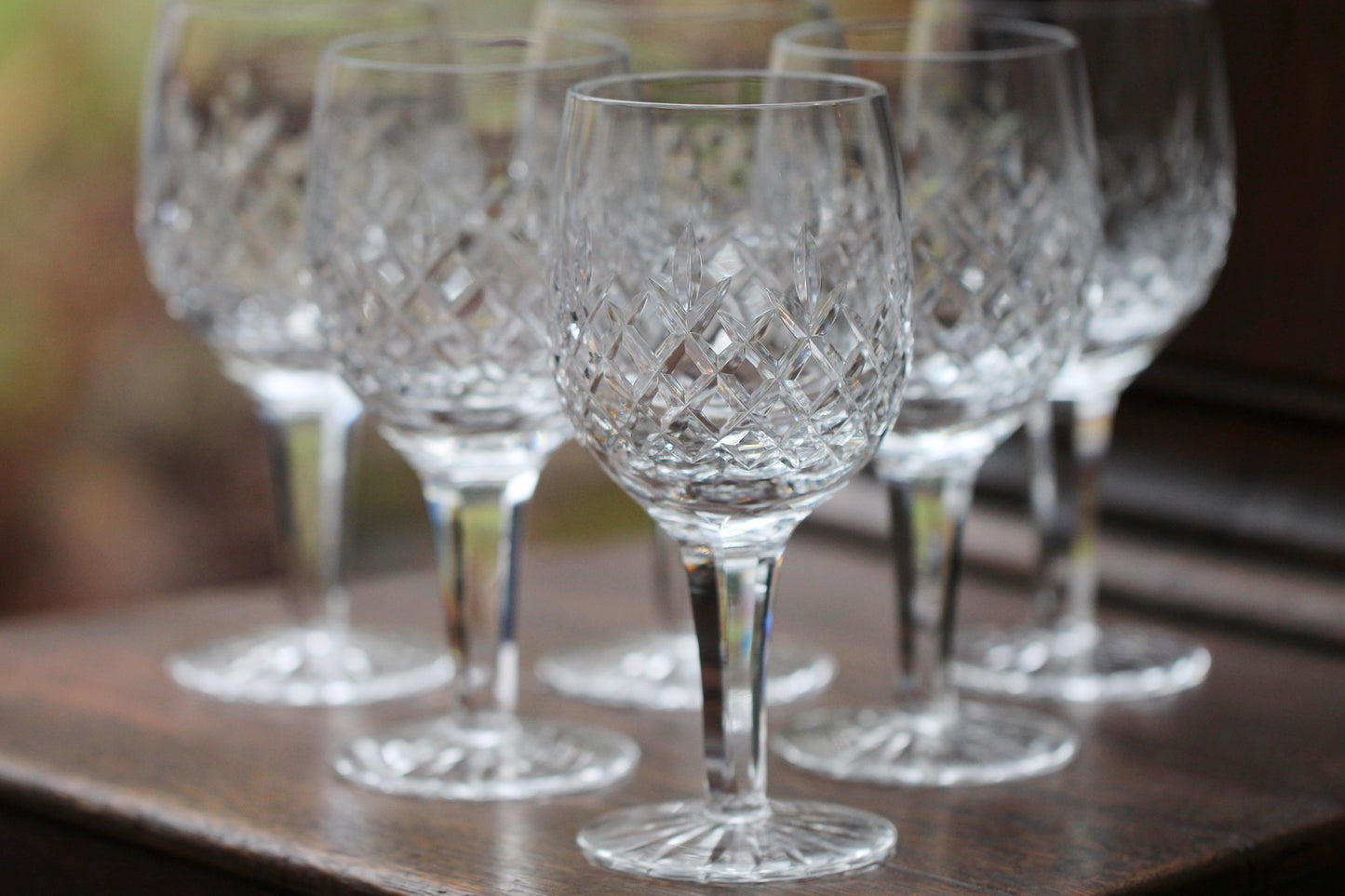 SIX Vintage Cut Crystal Wine Glasses / Water Goblet with Cut Foot and faceted Stem