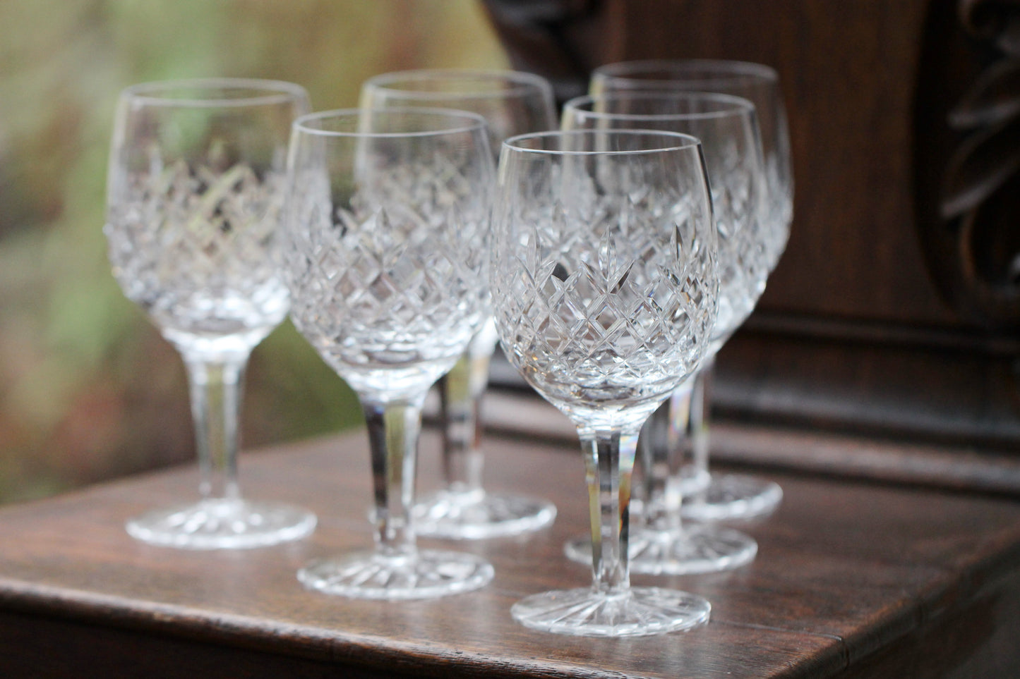 SIX Vintage Cut Crystal Wine Glasses / Water Goblet with Cut Foot and faceted Stem