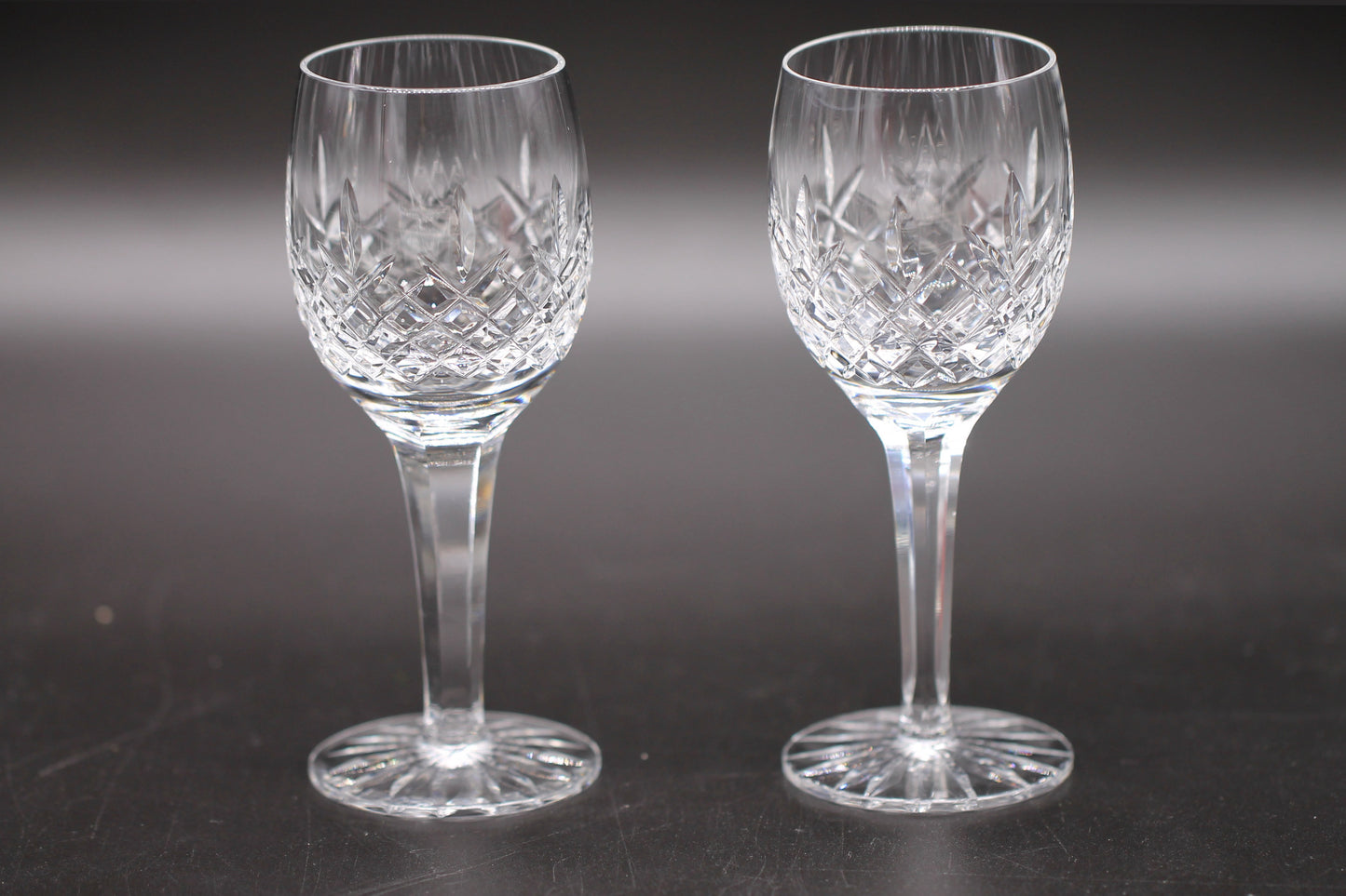 Five Vintage Cut Crystal with Cut Foot and Faceted Stemmed Wine Glasses / Water Goblet / Red Wine Glasses