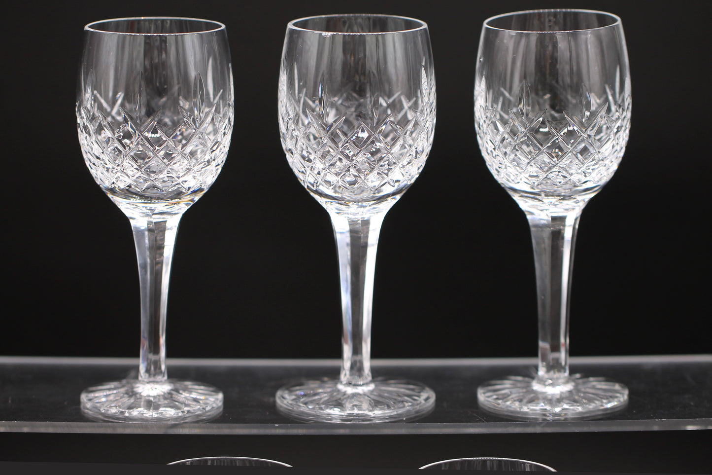 Five Vintage Cut Crystal with Cut Foot and Faceted Stemmed Wine Glasses / Water Goblet / Red Wine Glasses