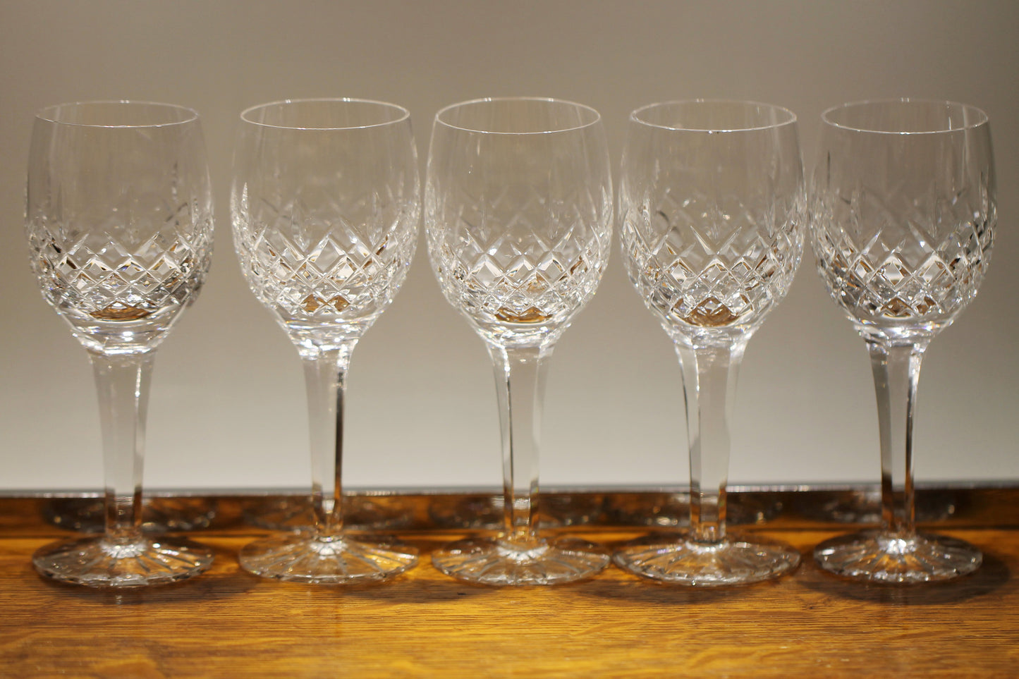 Five Vintage Cut Crystal with Cut Foot and Faceted Stemmed Wine Glasses / Water Goblet / Red Wine Glasses