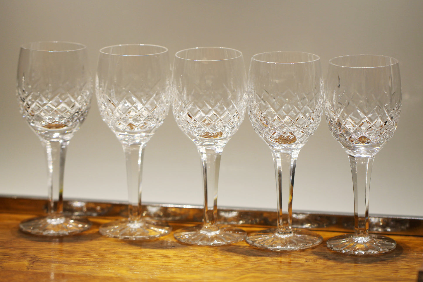 Five Vintage Cut Crystal with Cut Foot and Faceted Stemmed Wine Glasses / Water Goblet / Red Wine Glasses