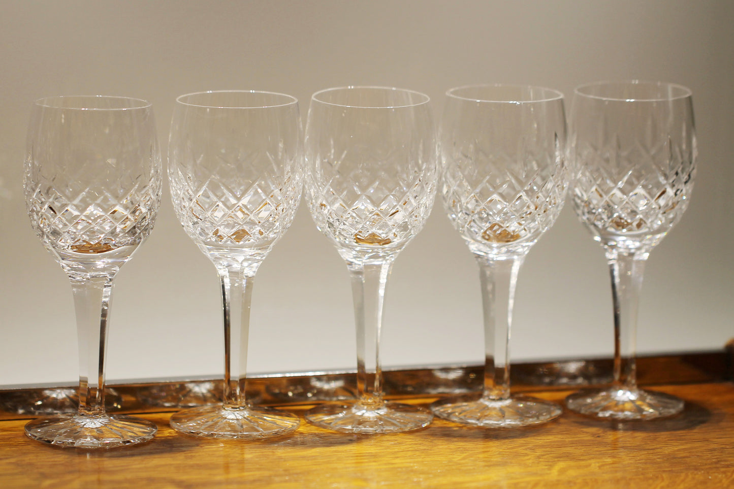 Five Vintage Cut Crystal with Cut Foot and Faceted Stemmed Wine Glasses / Water Goblet / Red Wine Glasses