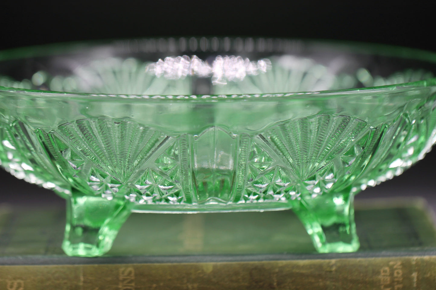 English Art Deco George Davidson Pressed Green Glass Footed Fruit Bowl Pattern 718 FY c1940