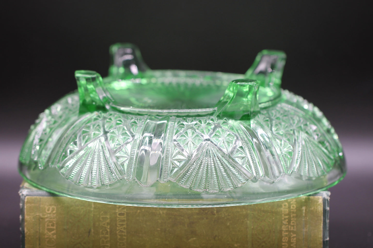 English Art Deco George Davidson Pressed Green Glass Footed Fruit Bowl Pattern 718 FY c1940