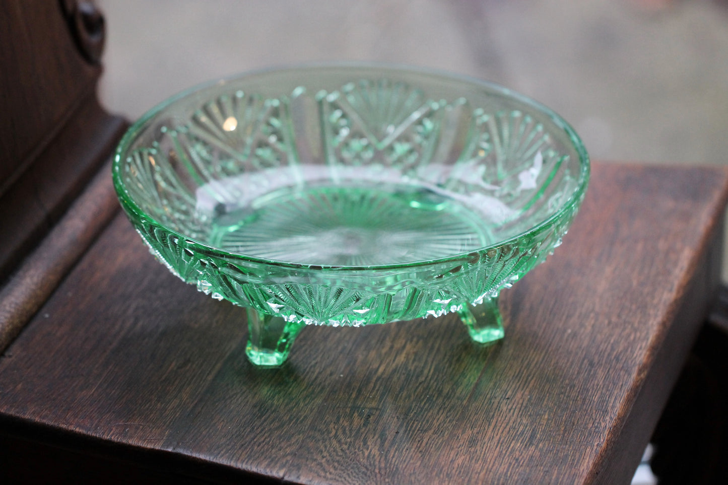 English Art Deco George Davidson Pressed Green Glass Footed Fruit Bowl Pattern 718 FY c1940