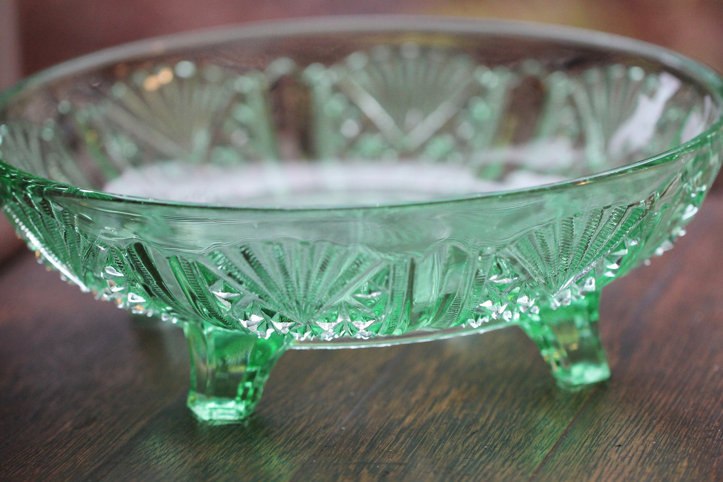 English Art Deco George Davidson Pressed Green Glass Footed Fruit Bowl Pattern 718 FY c1940