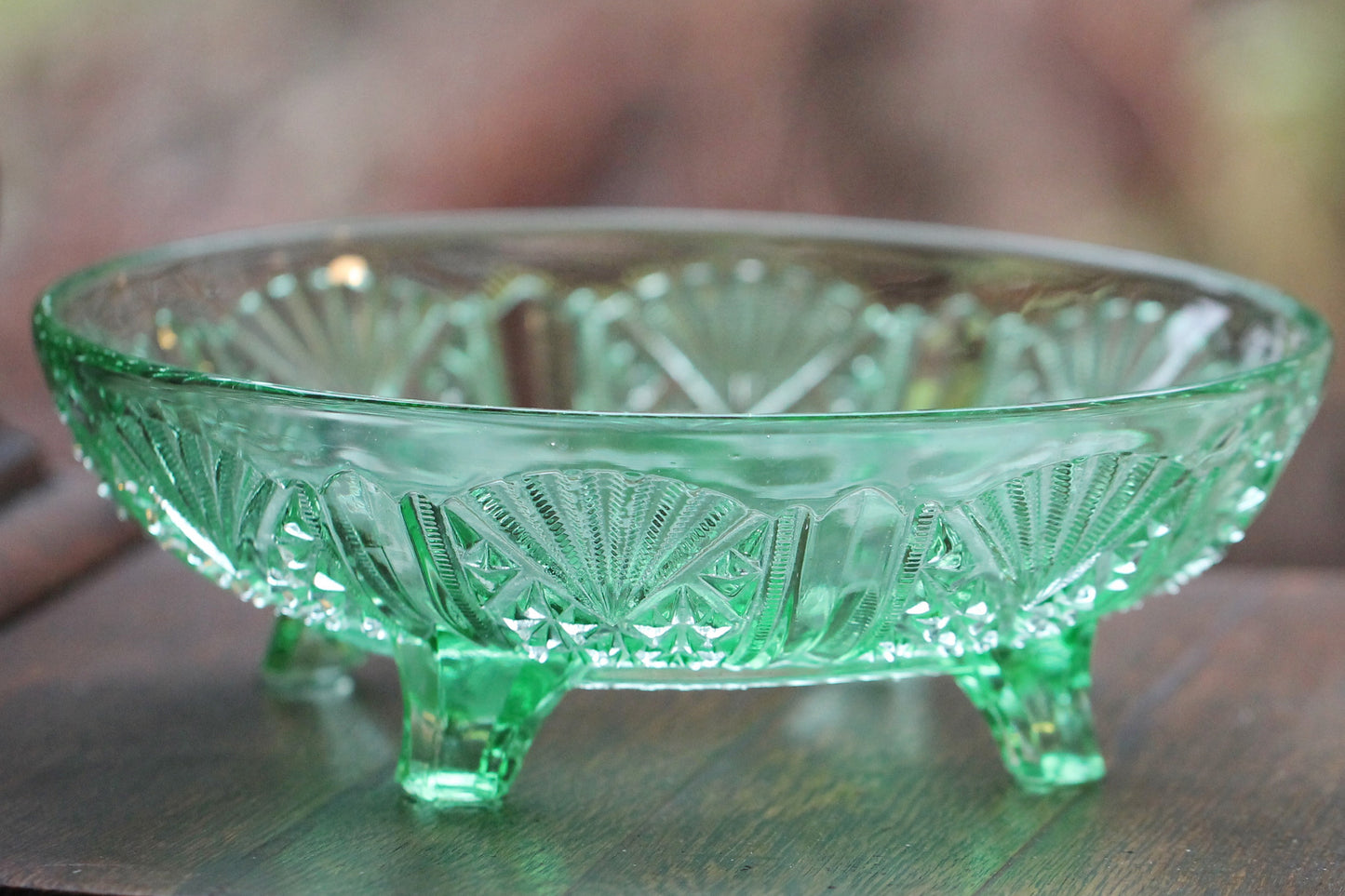 English Art Deco George Davidson Pressed Green Glass Footed Fruit Bowl Pattern 718 FY c1940