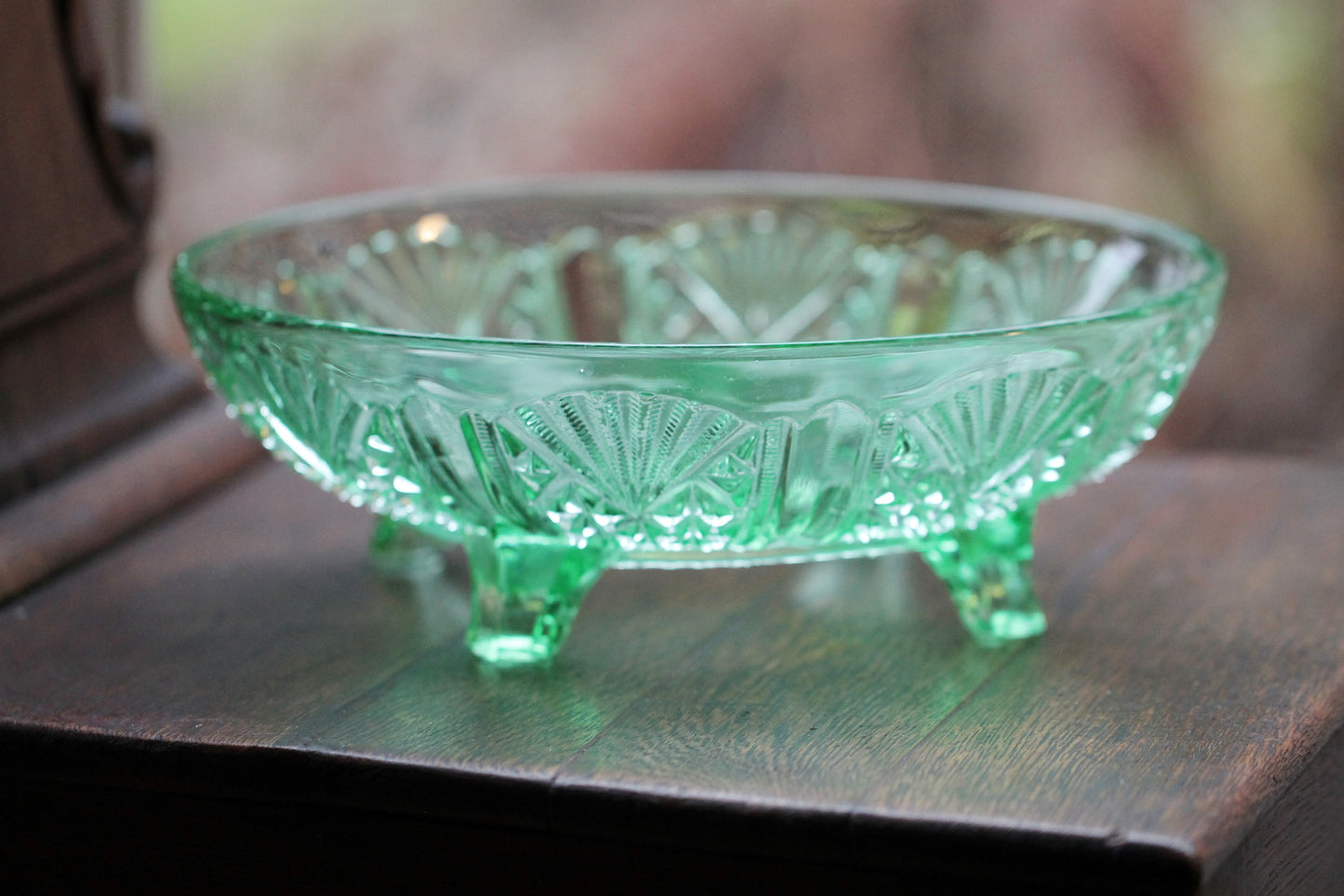 English Art Deco George Davidson Pressed Green Glass Footed Fruit Bowl Pattern 718 FY c1940