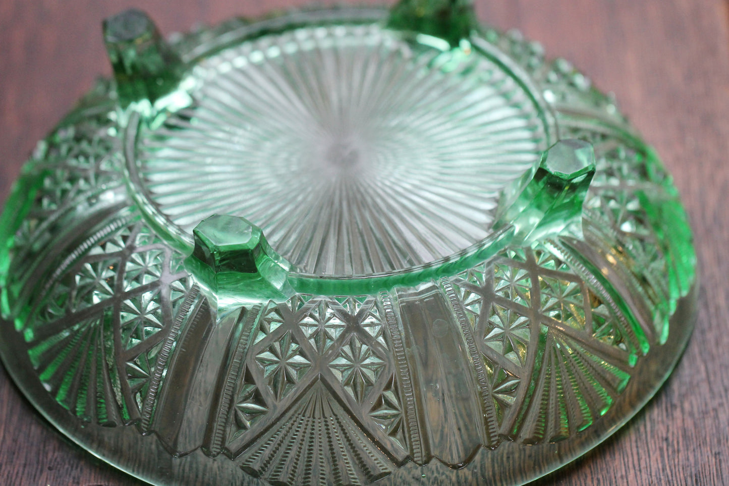 English Art Deco George Davidson Pressed Green Glass Footed Fruit Bowl Pattern 718 FY c1940