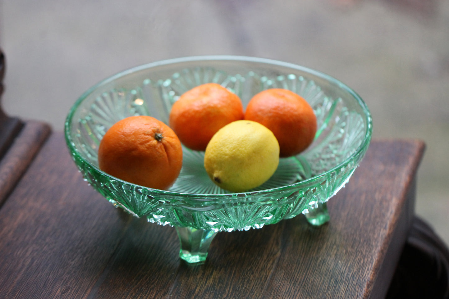 English Art Deco George Davidson Pressed Green Glass Footed Fruit Bowl Pattern 718 FY c1940