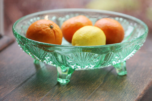 English Art Deco George Davidson Pressed Green Glass Footed Fruit Bowl Pattern 718 FY c1940