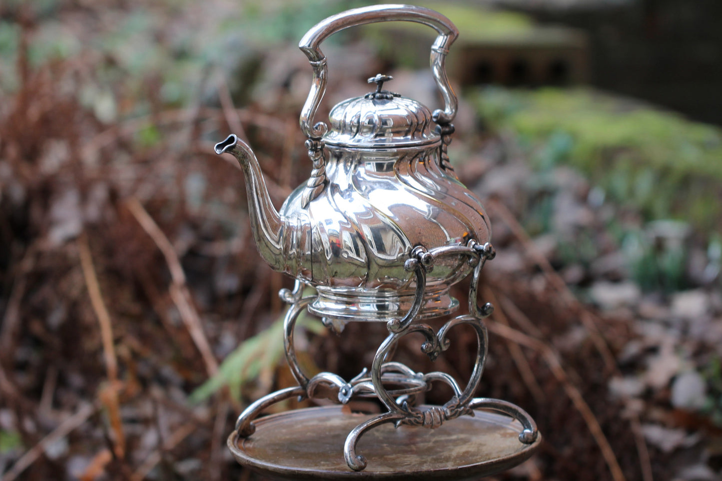 Large Early Victorian Silver Plated Tea Kettle on Stand c1850