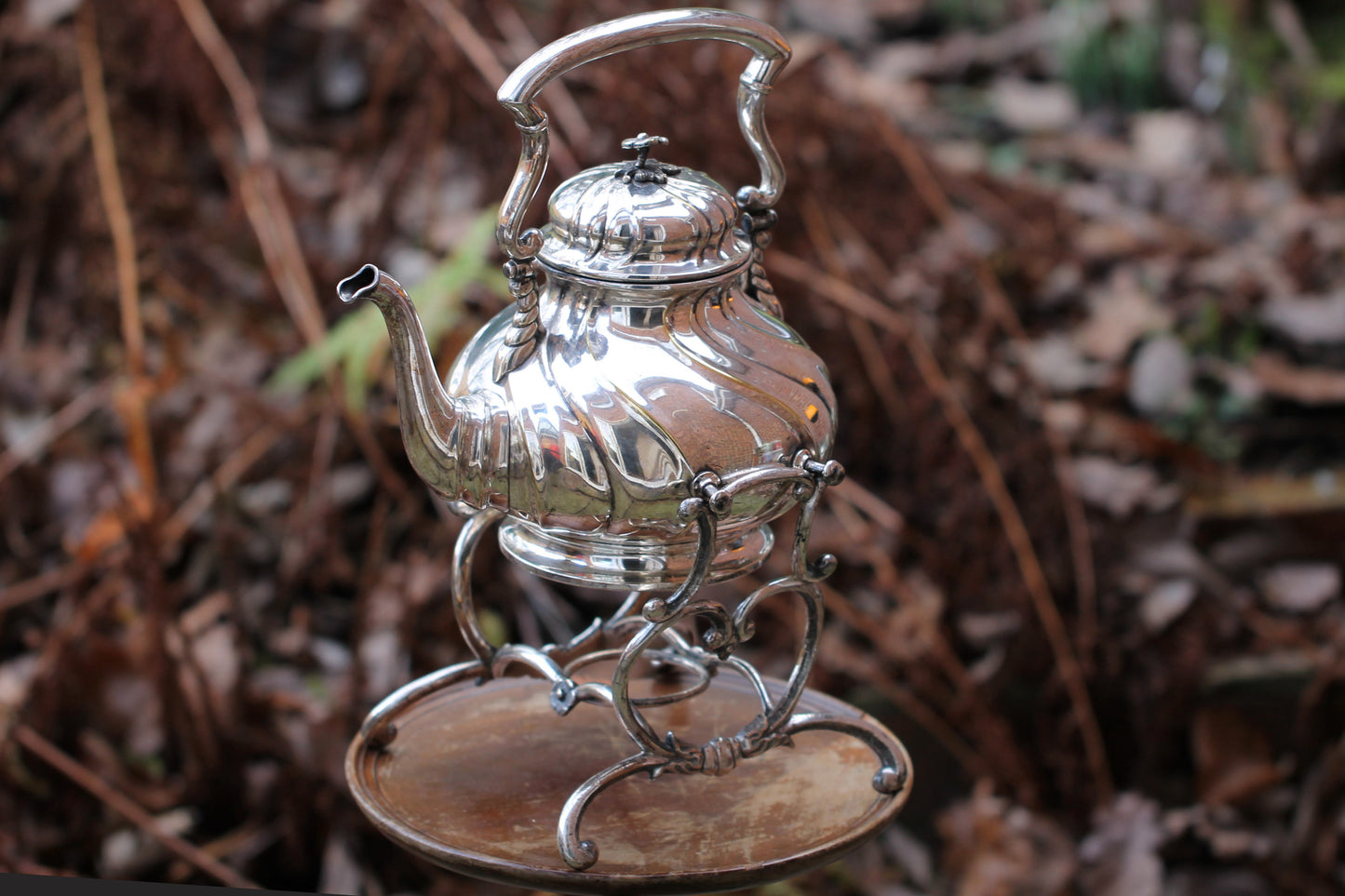 Large Early Victorian Silver Plated Tea Kettle on Stand c1850