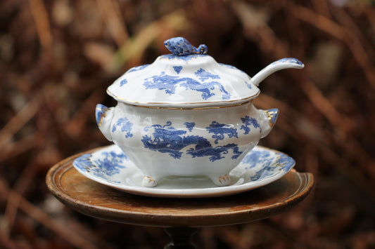 c1920 Blue and White BOOTHS Ltd complete set - Sauce Tureen with Lid, Spoon and Stand