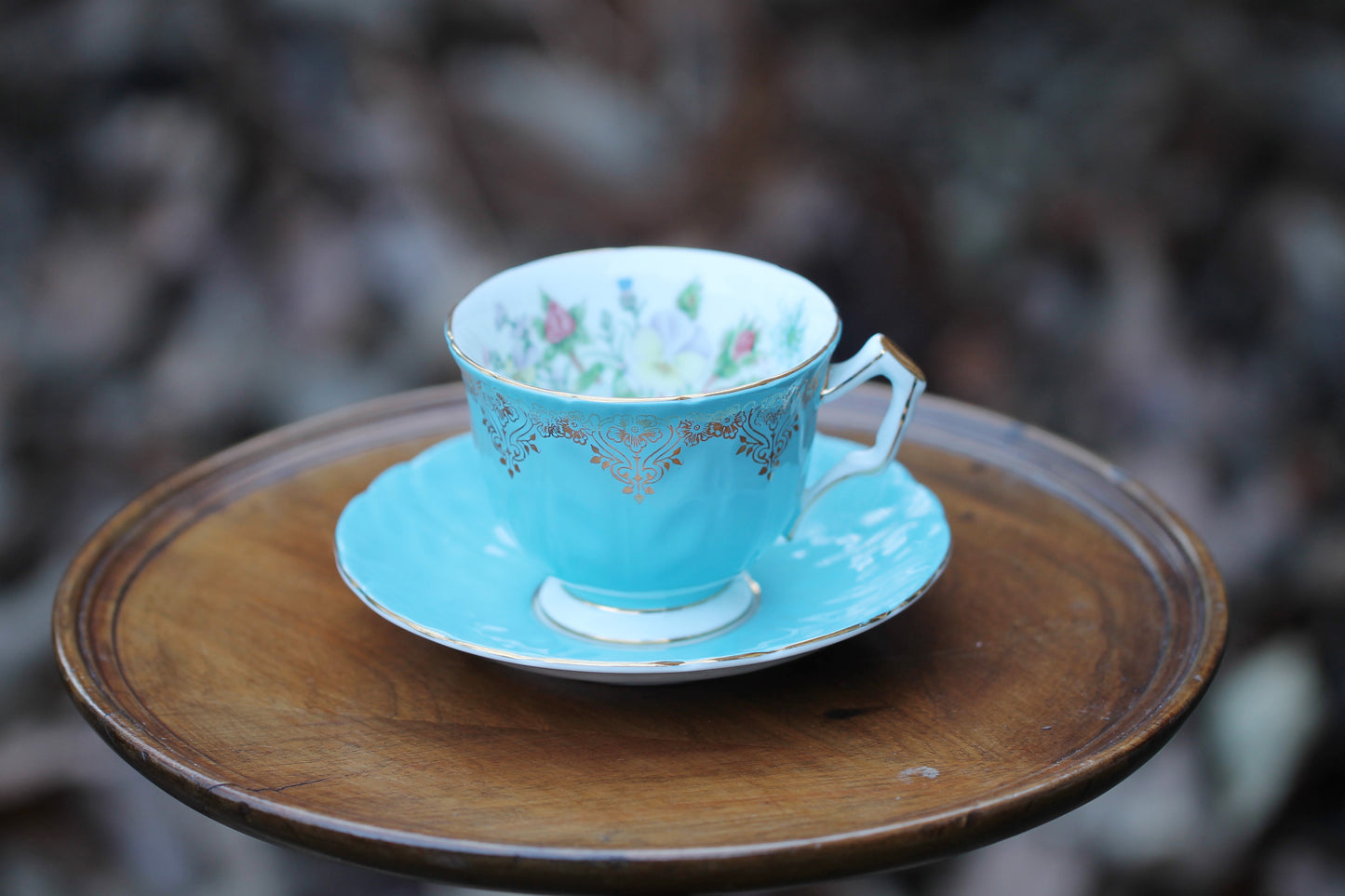 Vintage Tea Cup and Saucer - Aynsley Bone China Pansies and Blue / Gold details