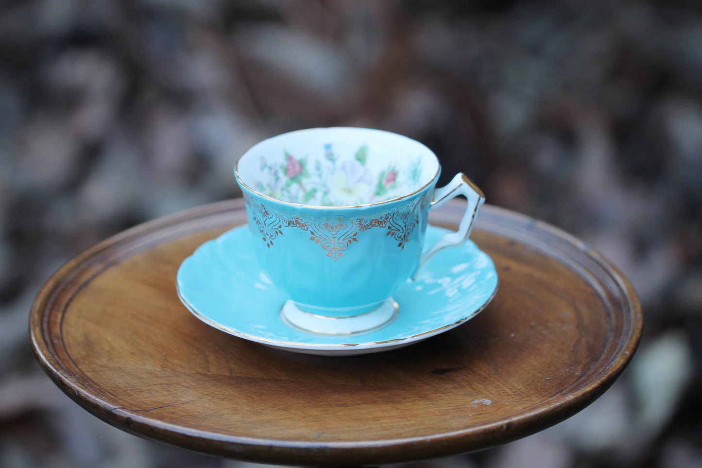 Vintage Tea Cup and Saucer - Aynsley Bone China Pansies and Blue / Gold details