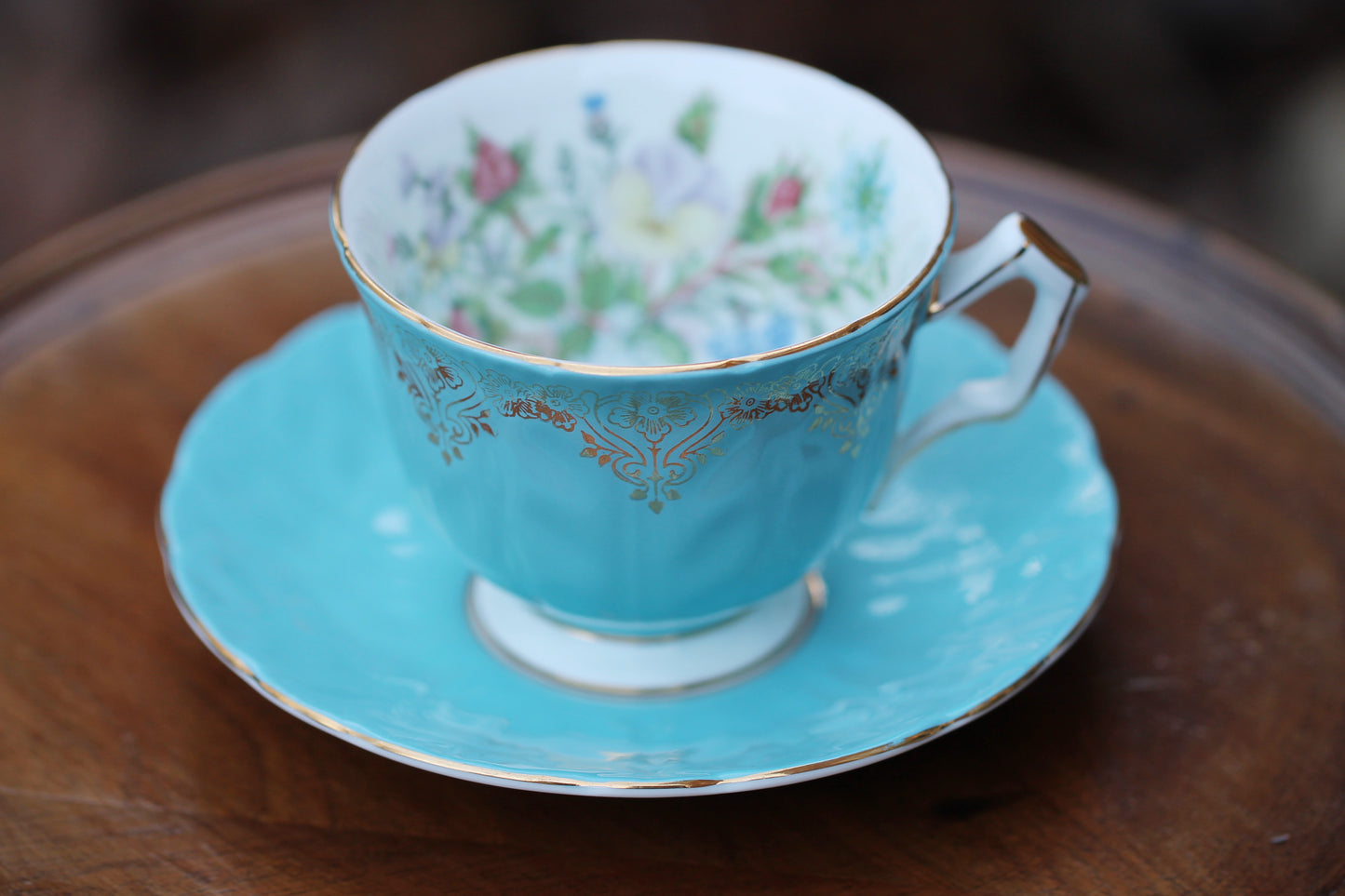 Vintage Tea Cup and Saucer - Aynsley Bone China Pansies and Blue / Gold details