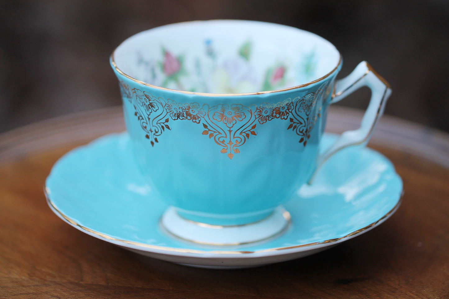 Vintage Tea Cup and Saucer - Aynsley Bone China Pansies and Blue / Gold details