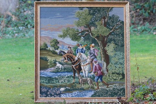 LARGE Vintage framed Wool Tapestry featuring a hunt