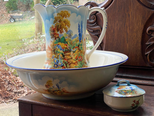 c1920 Antique Thomas Lawrence Falcon Ware Toilet Ware Set - ALTON - Pitcher/Jug, Basin, Soap Dish