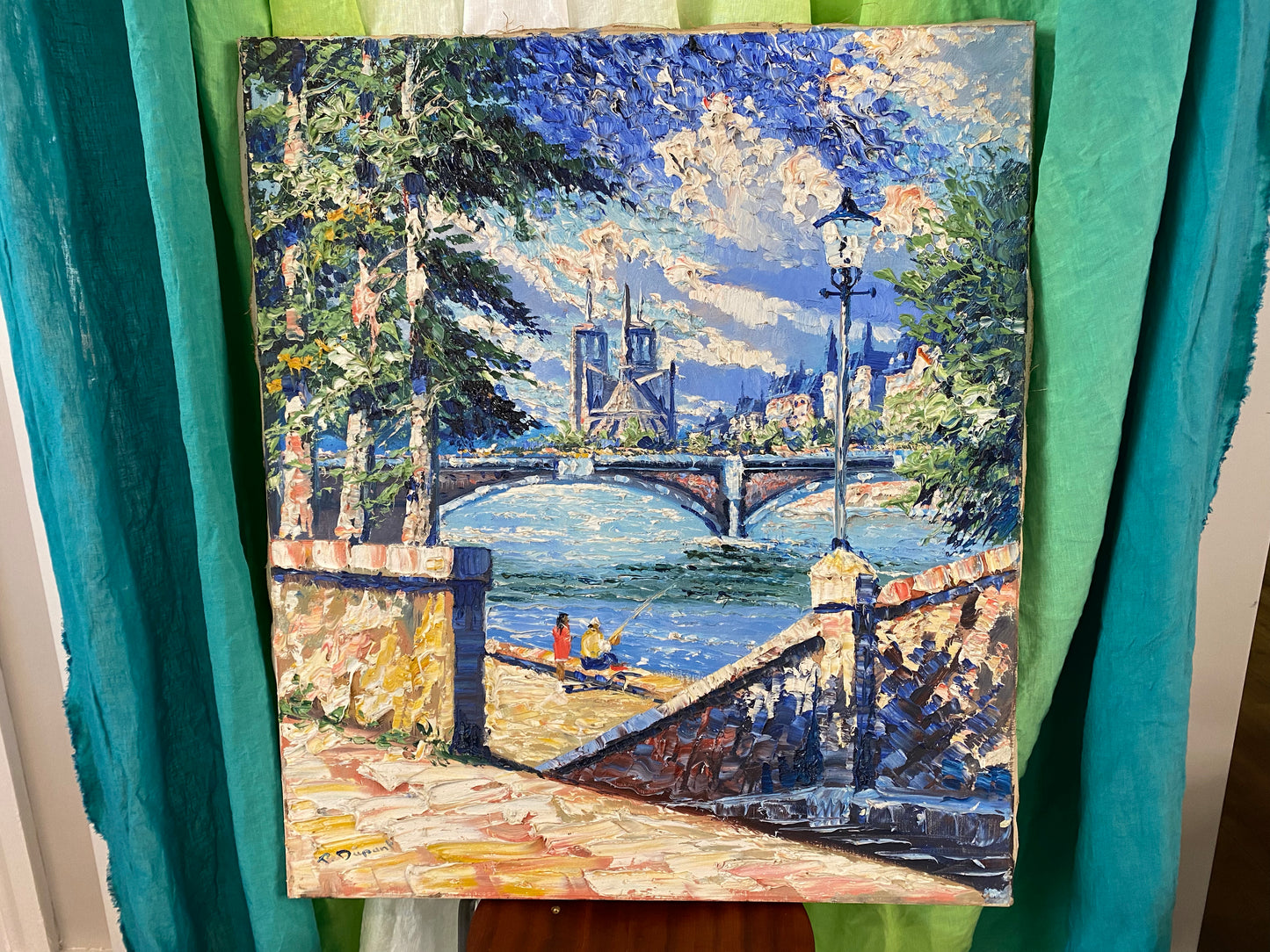 Mid 20th Century View of Notre Dame Cathedral Oil on Canvas Signed P. Dupont