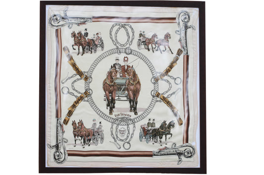 Vintage Framed Hermes Paris 'Equipages' scarf by Phillipe Ledoux c1973